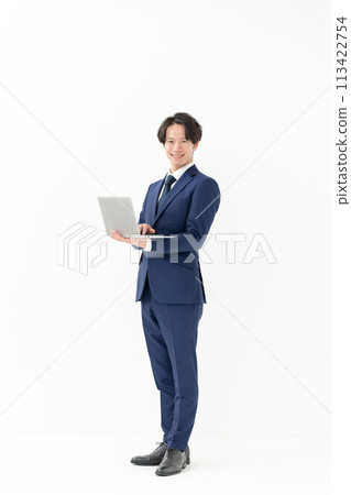 Business man, full body, computer 113422754