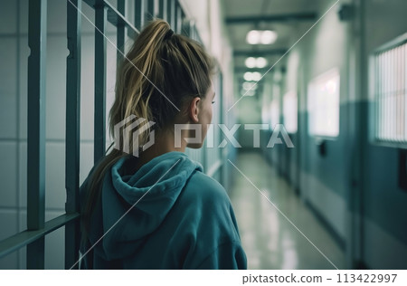 Female prisoner in a cell block Female prisoner in a cell block 113422997