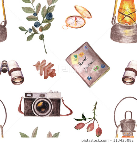 Camera, binocular, compass plants watercolor flat seamless pattern isolated on white 113423092