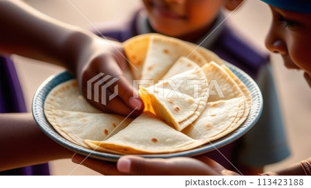 Close-up of children's hands sharing tortillas-pita 113423188