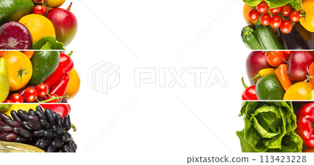 Healthy vegetables and fruit - collage. Wide photo. There is free space for text 113423228