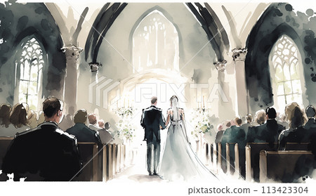 教堂裡的婚禮水彩 113423304