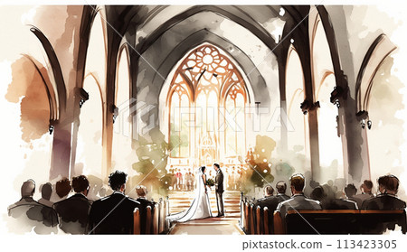 watercolor painting of a wedding in a church 113423305