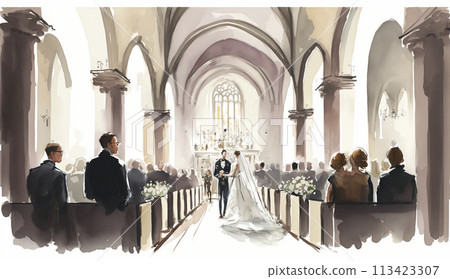 watercolor painting of a wedding in a church watercolor painting of a wedding in a church 113423307
