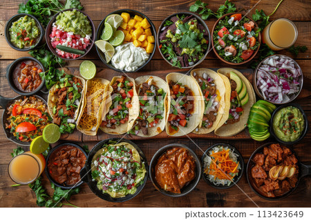 Mexican food - tacos on wood background, menu shot 113423649