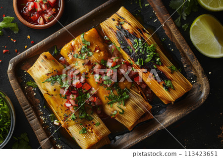 Mexican food - tamales, wood background, menu shot 113423651