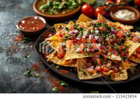 Mexican food - nachos with ground beer, tomatoes, cilantro and cheese 113423654