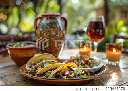 Mexican food - tacos on wood background, menu shot 113423678