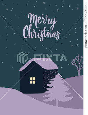 Christmas night winter scene, little house in forest, light in window, spruce and pine trees on snow. Winter vector illustration Christmas night winter scene, little house in forest, light in window, spruce and pine trees on snow. Winter vector illustration 113423990