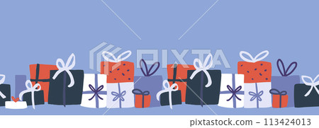 Gift boxes border, seamless horizontal illustration, giveaway banner, simple hand drawn doodle wrapped presents vector Gift boxes border, seamless horizontal illustration, giveaway banner, simple hand drawn doodle wrapped presents vector 113424013