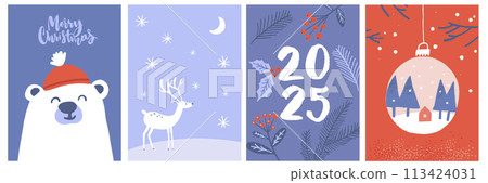 Cute Christmas cards set with animals, 2025 handwritten typography poster, polar bear in santa hat, snow globe decorated trees and house, vector illustrations 113424031