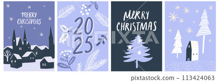 Christmas cards set, blue minimalistic winter village silhouettes, decorated spruce tree, 2025 typohraphy poster, cute little house in winter forest vector illustration Christmas cards set, blue minimalistic winter village silhouettes, decorated spruce tree, 2025 typohraphy poster, cute little house in winter forest vector illustration 113424063