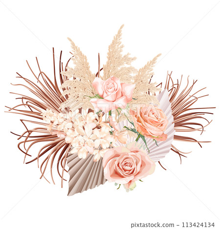 Tropical boho, bohemian bouquet with pink rose, reed, hydrangea and palm leaf. 113424134