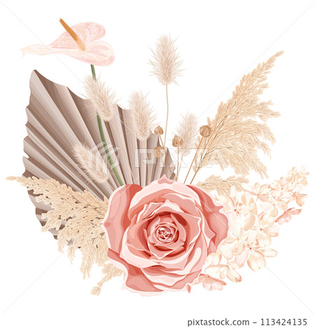 Tropical boho, bohemian bouquet with pink rose, reed, hydrangea, anthurium, palm leaves and dry plants. 113424135