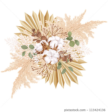 Tropical boho, bohemian bouquet with cotton flower, reed, eucalyptus, palm leaf and dry plants. 113424136