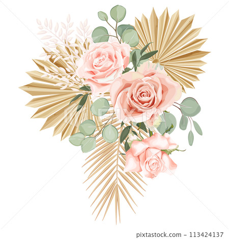 Tropical boho, bohemian bouquet with pink rose, eucalyptus, palm leaves and dry plants. 113424137
