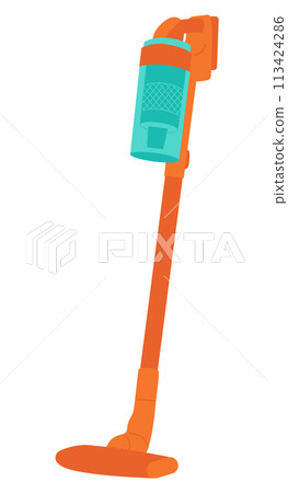 Vertical battery-powered vacuum cleaner isolated on white background. Flat vector illustration for poster, icon, card, logo, label. Vertical battery-powered vacuum cleaner isolated on white background. Flat vector illustration for poster, icon, card, logo, label. 113424286