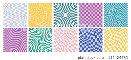 Square psychedelic checkerboards, groovy checkered seamless patterns with color distorted grid tile 113424383
