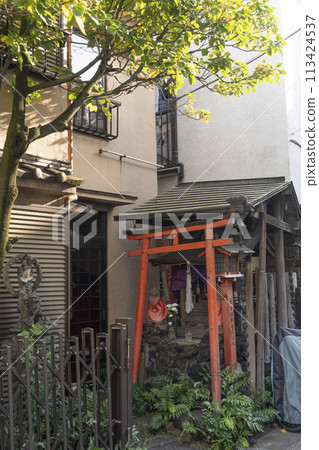 A small shrine with a torii gate next to a private house in Minamisenju, Arakawa Ward 113424537