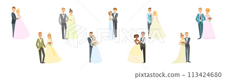 Wedding Couple of Bride and Groom Stand Together Happy Smiling Vector Set 113424680