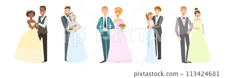 Wedding Couple of Bride and Groom Stand Together Happy Smiling Vector Set 113424681