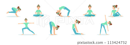 Slim Sportive Young Woman Doing Yoga and Fitness Exercises Vector Set 113424732