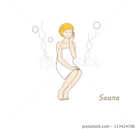 After taking a cold bath from the sauna, a cute woman moves to the rest area and cools her body down in the fresh air. 113424786