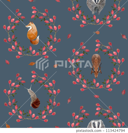 Stag, fox, badger, snail rose-hip wreath watercolor seamless pattern on grey 113424794