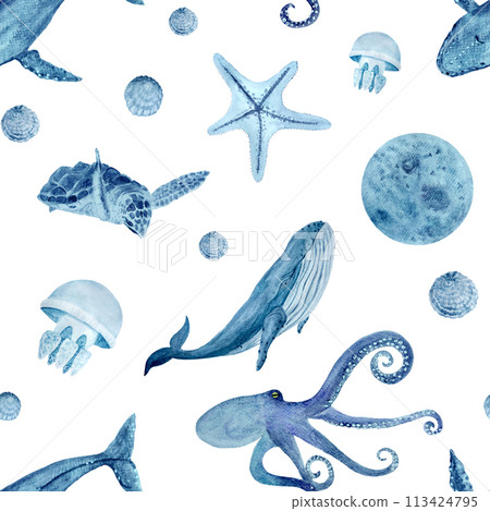 Sea life watercolor hand-drawn blue monochromatic seamless pattern isolated on white. 113424795