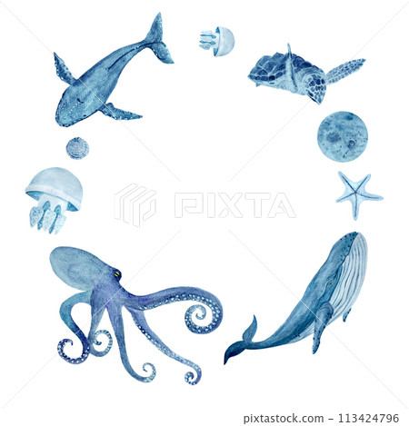 Sea life watercolor hand-drawn blue monochromatic round frame isolated on white. 113424796