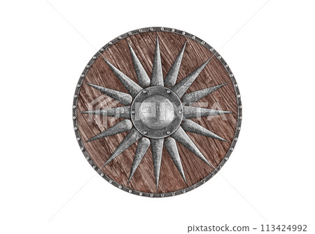 Old decorated wooden round shield isolated on white background 113424992