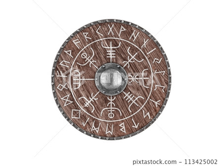 Old wooden round shield decorated with runes isolated on white background 113425002