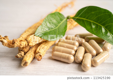 Ginseng, dried vegetable herb. Healthy food famous export food in Korea country. 113425190