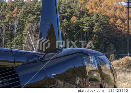 羅賓遜 R44 直升機棲息在秋葉茂盛的草原上,忍野村 羅賓遜 R44 直升機棲息在秋葉茂盛的草原上,忍野村 113425350