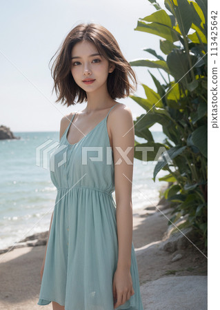 強烈陽光下海灘上的美麗女人 113425642