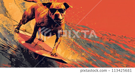 Creative illustration of concentrated dog surfing on surfboard on waves in the ocean. 113425681