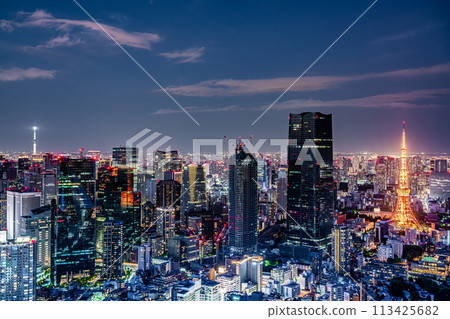 【東京】市中心夜景－閃耀的東京鐵塔和東京晴空塔 113425682