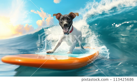 Purebred happy dog standing on yellow surfboard with tongue sticking out, surfing on wave in the ocean. Purebred happy dog standing on yellow surfboard with tongue sticking out, surfing on wave in the ocean. 113425686
