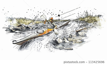 Sketch of kayaker in helmet and life vest paddling through rapids with splashing water. 113425696