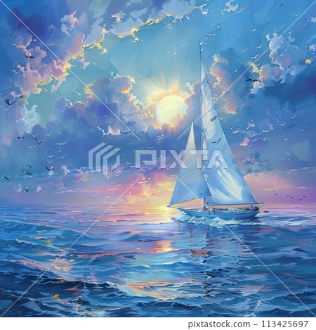 Sailboat on vibrant ocean at sunset. Ocean is a mix of blue and pink hues. Calm, creative, beautiful illustration, painting Sailboat on vibrant ocean at sunset. Ocean is a mix of blue and pink hues. Calm, creative, beautiful illustration, painting 113425697