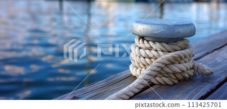 Close-up of a mooring bollard with a thick rope on a wooden dock, tranquil water behind. Close-up of a mooring bollard with a thick rope on a wooden dock, tranquil water behind. 113425701