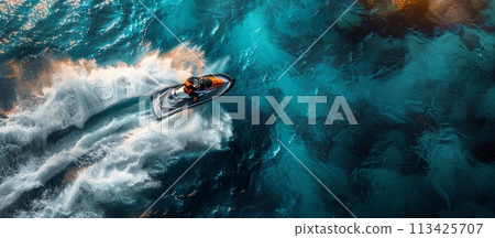 Dynamics, speed. Top view of jet ski carving through clear turquoise waters, leaving a frothy trail. Dynamics, speed. Top view of jet ski carving through clear turquoise waters, leaving a frothy trail. 113425707