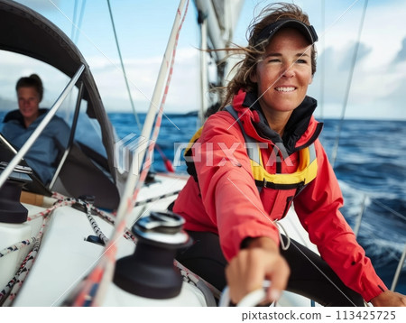 Happy, smiling young woman sailing boat on warm day under clear blue sky. Happy, smiling young woman sailing boat on warm day under clear blue sky. 113425725
