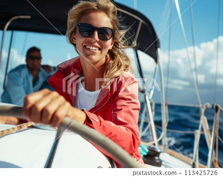 Happy, smiling young woman sailing boat on warm day under clear blue sky. Happy, smiling young woman sailing boat on warm day under clear blue sky. 113425726