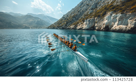 Rowing team, people in motion on warm sunny day, rowing on blur waters at golden hour near rocky coast. Rowing team, people in motion on warm sunny day, rowing on blur waters at golden hour near rocky coast. 113425728