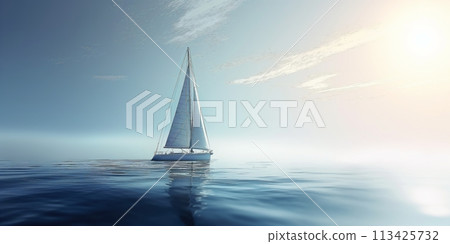 Serene image shows single sailboat on calm, open sea clear sky, reflecting sun's light on water. 113425732