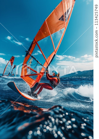 Windsurfer in action, young woman riding waves, with a vibrant orange sail against clear sunny blue sky. Windsurfer in action, young woman riding waves, with a vibrant orange sail against clear sunny blue sky. 113425749