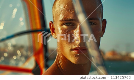 Concentrated handsome young man with water drops in face, windsurfing in ocean on warm sunny summer day. 113425763
