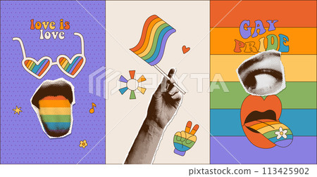 Pride Month collages set. Bright retro banners with vintage halftone hand, mouth eye. Collage with cut out paper elements and doodles for decoration of LGBT events. Vector 113425902