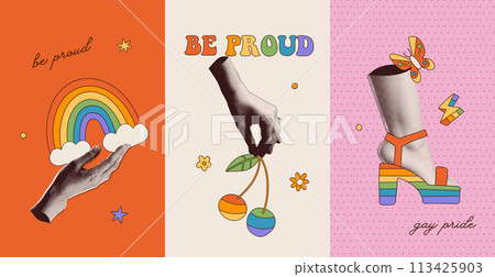 Set of posters for Pride Month. Halftone collage with images of rainbow, clouds cherry and hippie sandals. Collage with cut out paper elements for decoration of LGBT events, covers, ads, cards. Vector 113425903